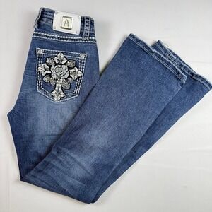 Answer Me Womens Rhinestone Cross Embellished Bootcut Jeans Blue Size 27